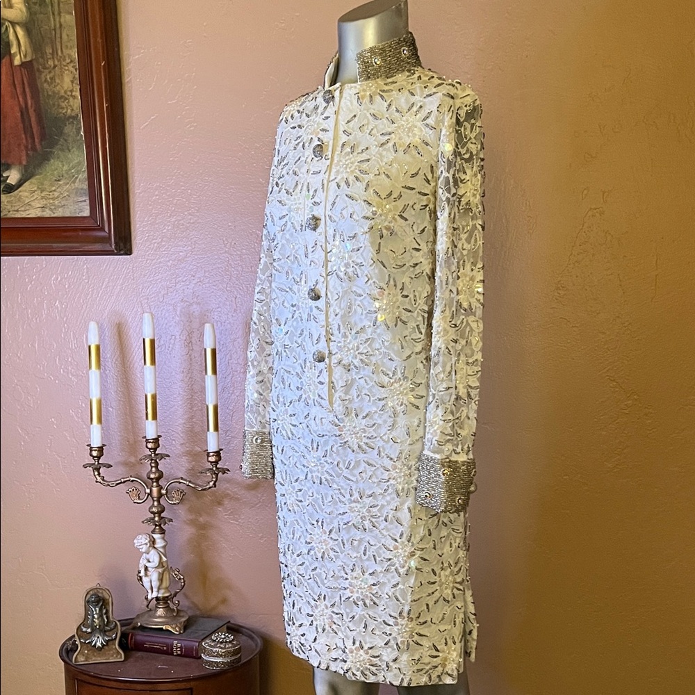 Vintage Valentina LTD 60’s White & Silver Beaded Formal Dress. SZ S